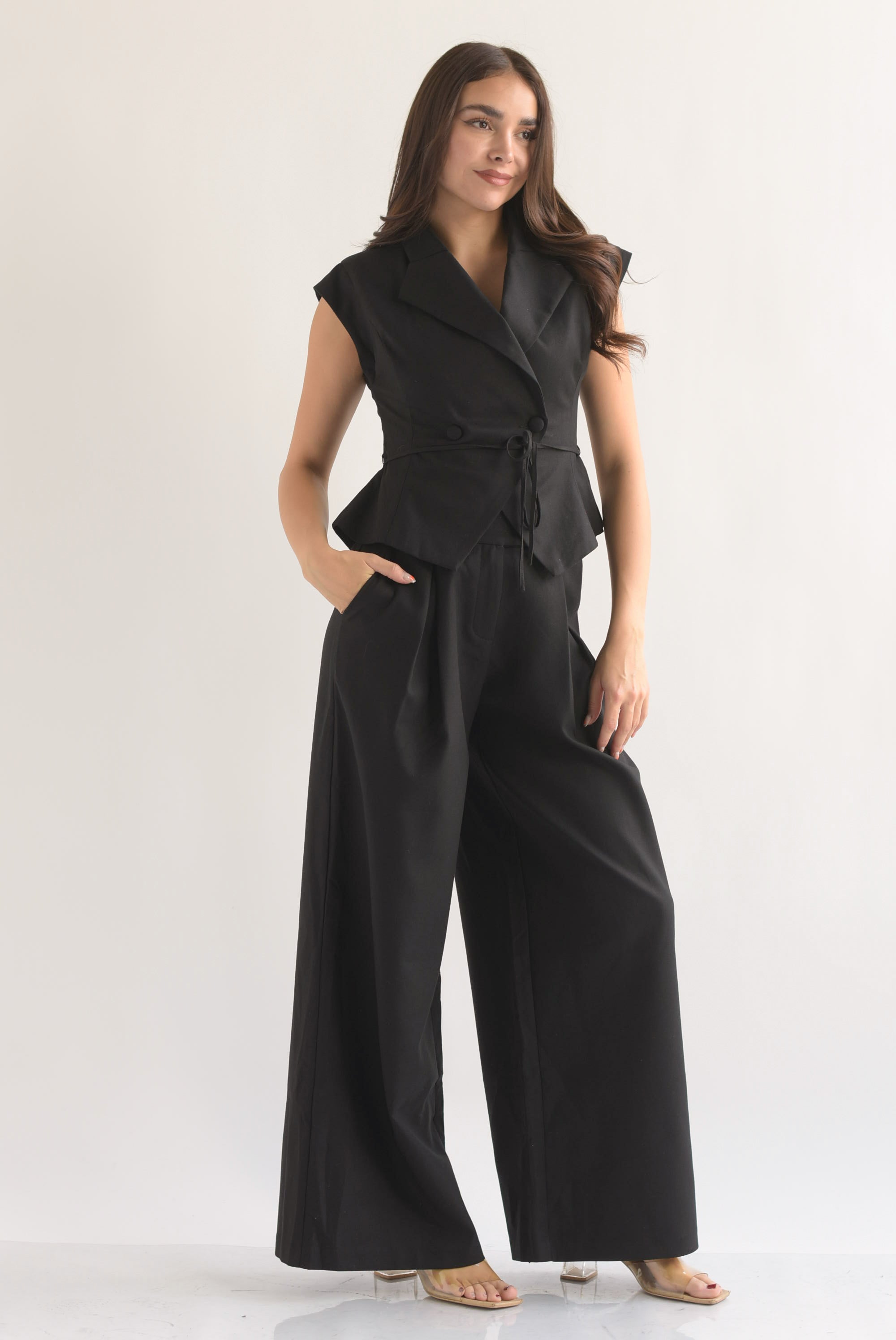 Set Pantalón super wide leg y Chaleco cruzado
