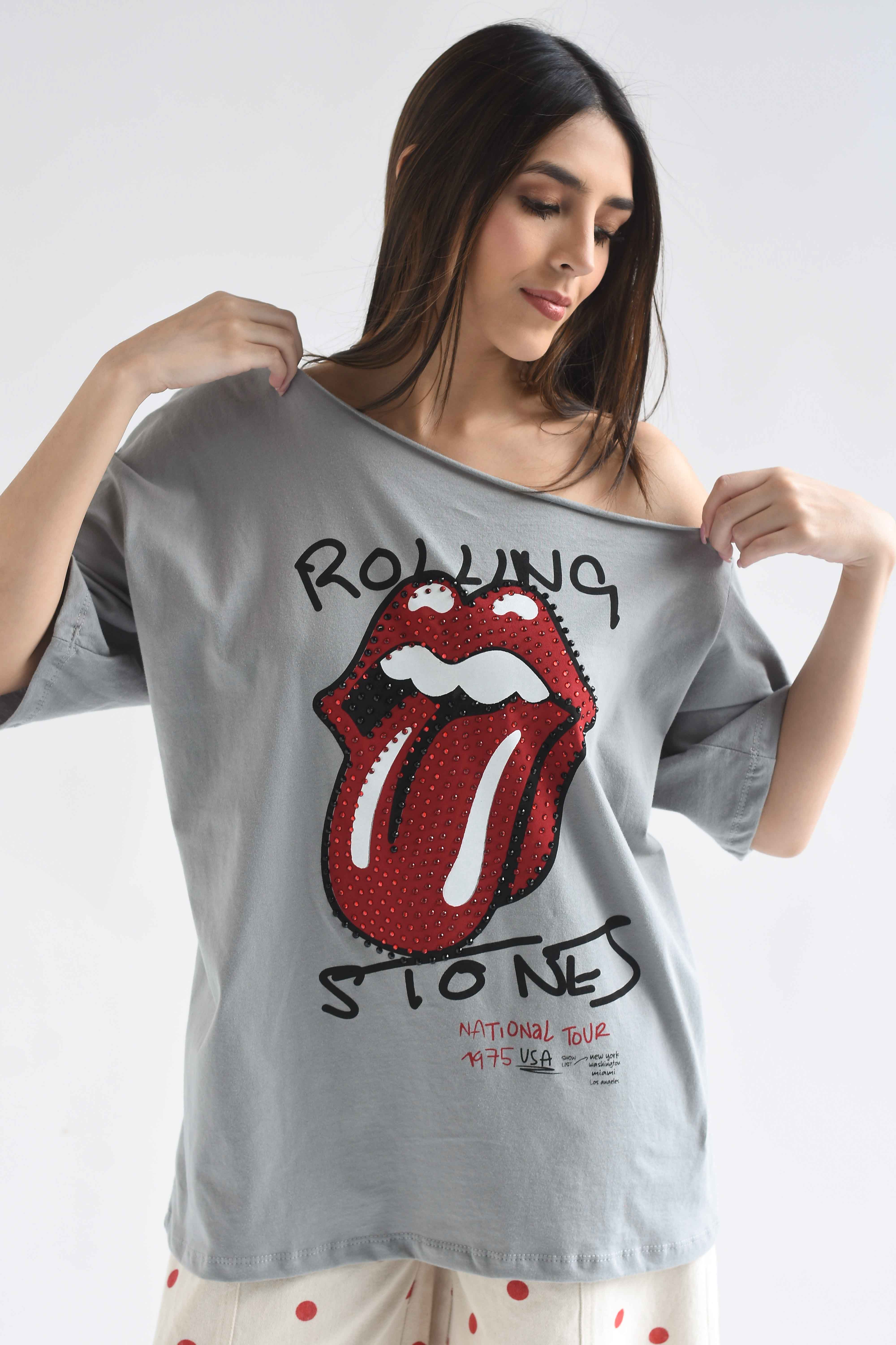 T-Shirt asimétrica Rolling Stones brillos