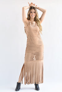 Fashion Styled Vestido calado flecos suede Camel