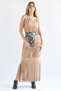 Fashion Styled Vestido calado flecos suede Camel