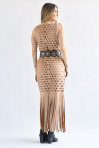 Fashion Styled Vestido calado flecos suede Camel