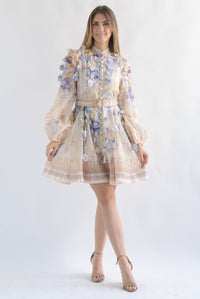 Fashion Styled Vestido corto flores azules Beige