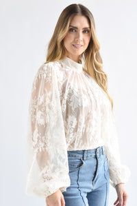Fashion Styled Blusa manga larga cuello perkins encaje Ivory