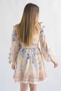 Fashion Styled Vestido corto flores azules Beige