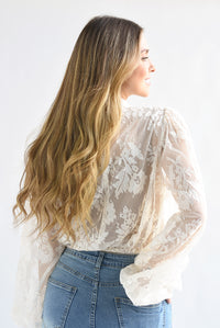 Fashion Styled Blusa manga larga cuello perkins encaje Ivory
