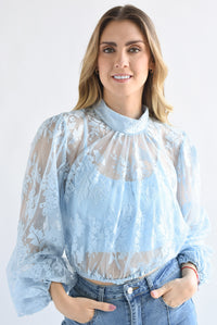 Fashion Styled Blusa manga larga cuello perkins encaje Azul pastel