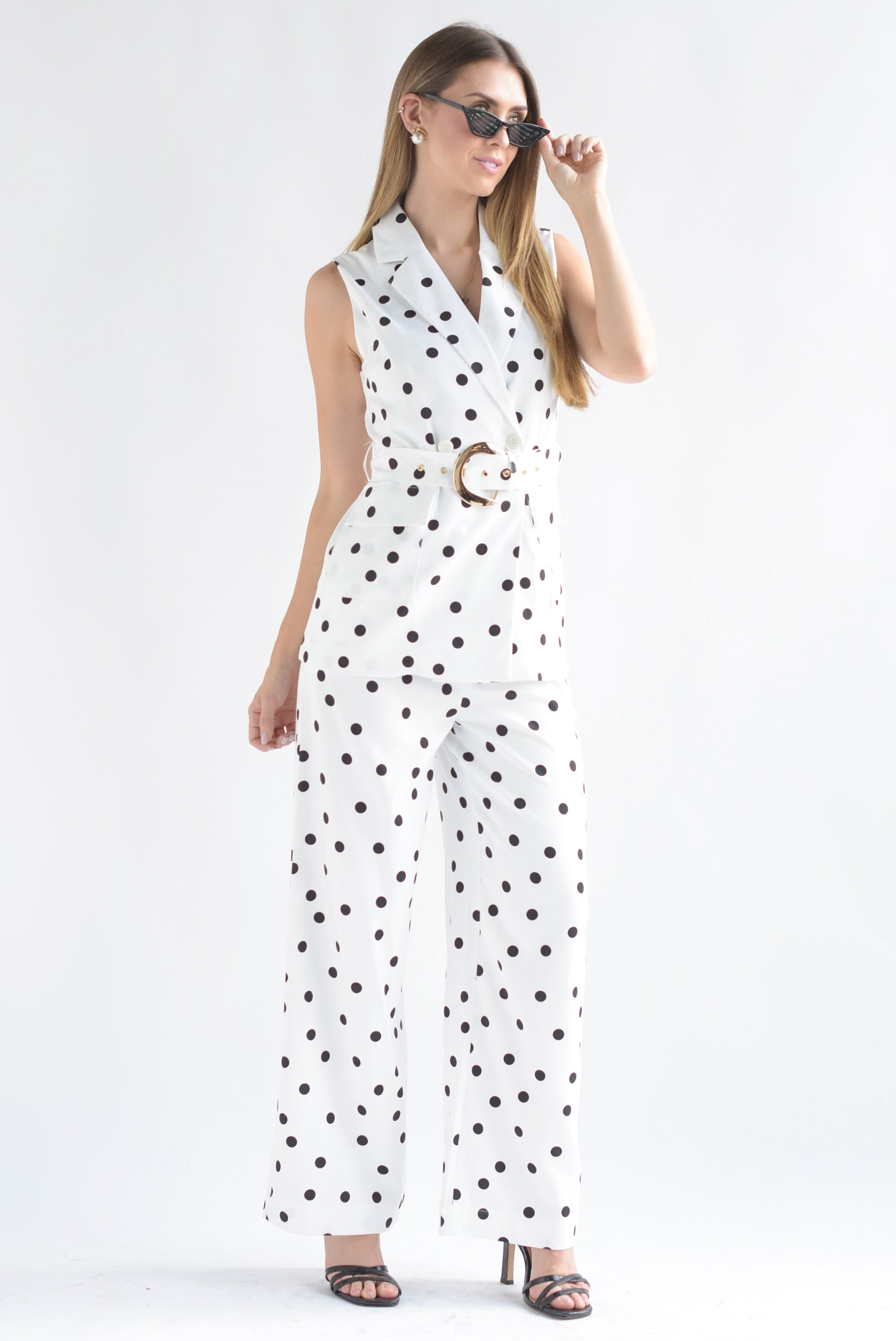 Set Pantalón y Chaleco largo polka dots Blanco