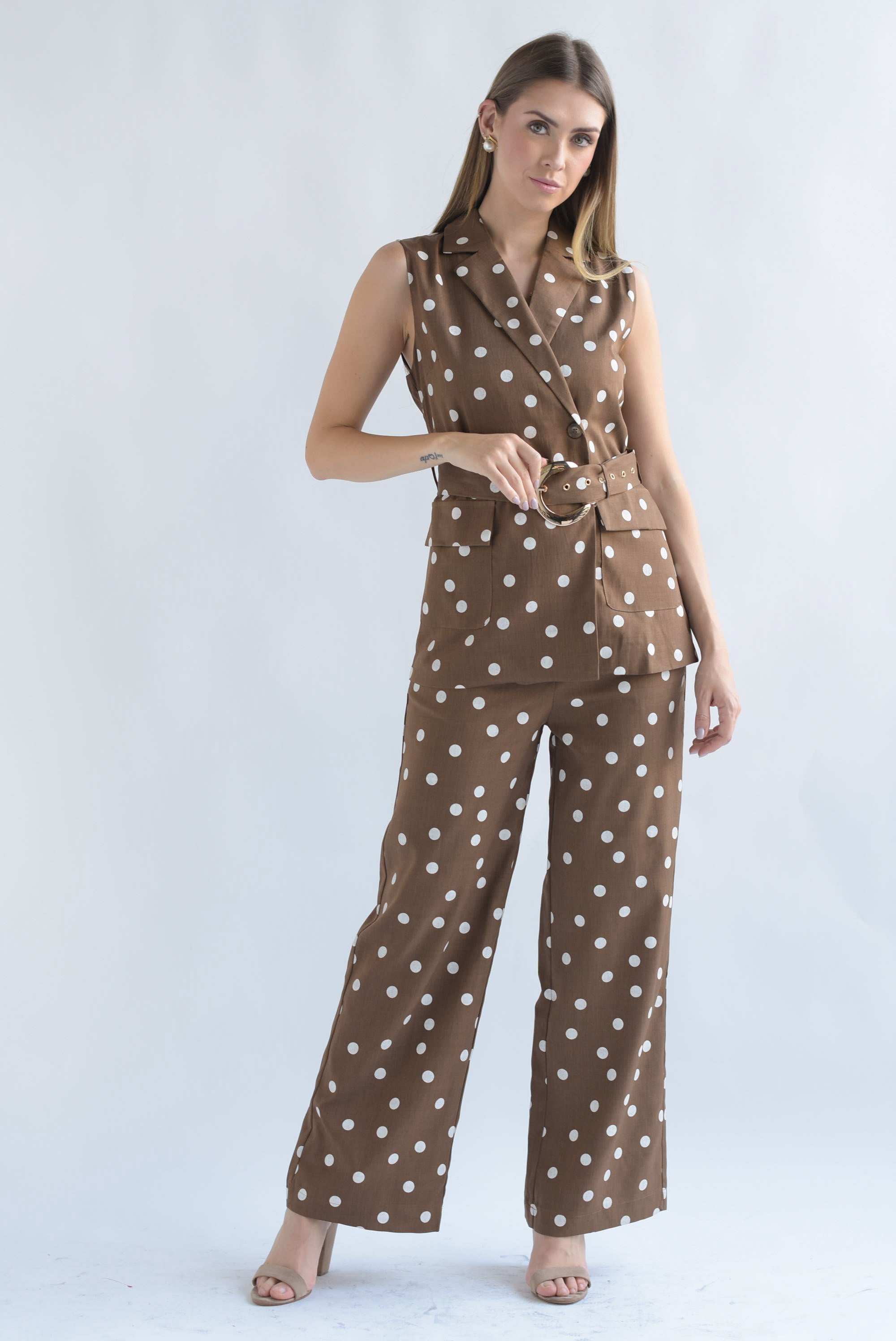 Set Pantalón y Chaleco largo polka dots Café