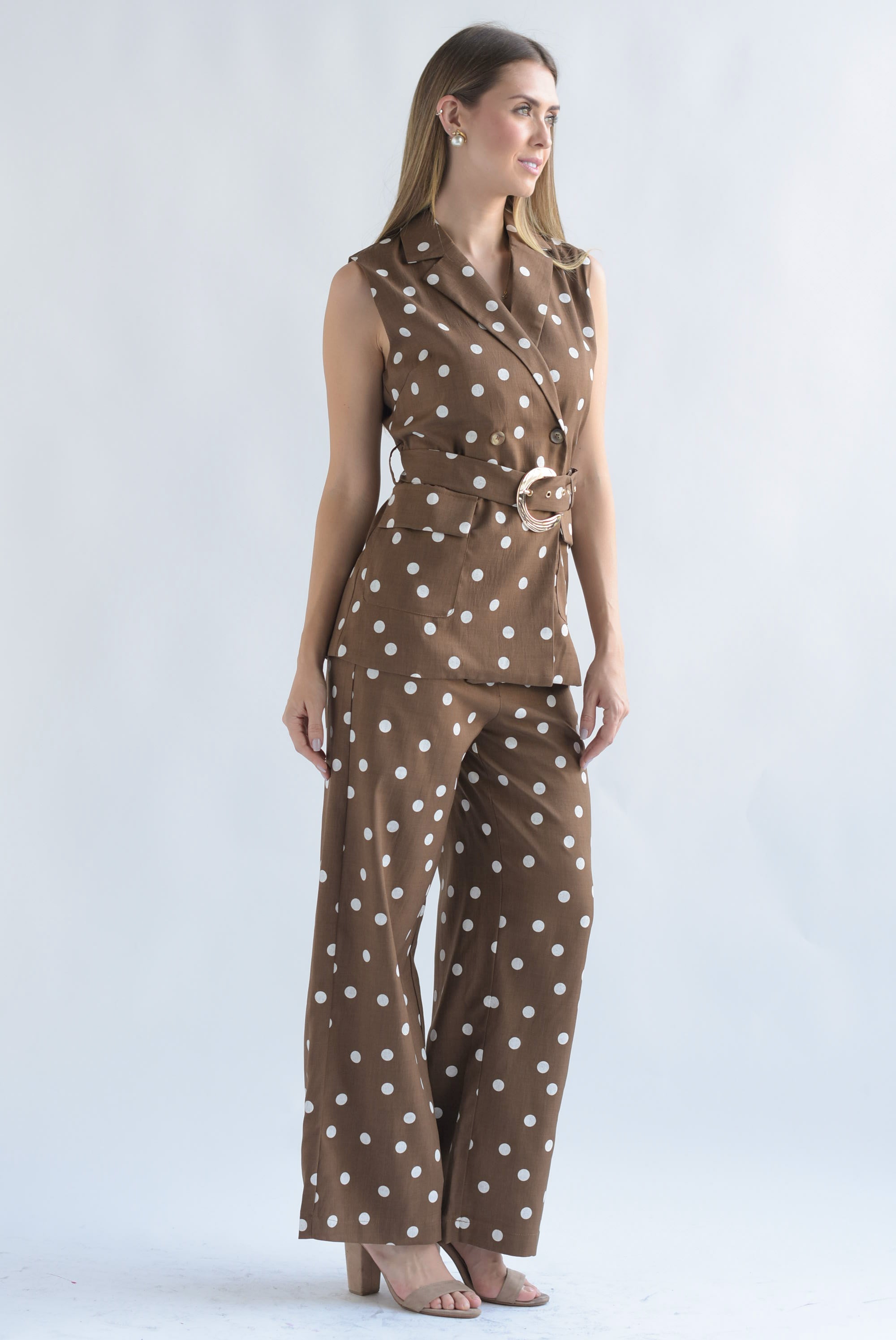 Set Pantalón y Chaleco largo polka dots Café