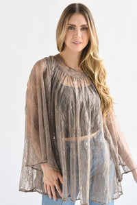 Fashion Styled Blusa larga manga campana encaje Moka