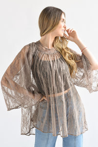 Fashion Styled Blusa larga manga campana encaje Moka