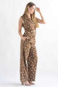 Fashion Styled Set Pantalón y Chaleco largo polka dots Café