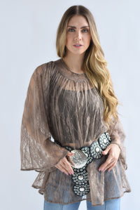 Fashion Styled Blusa larga manga campana encaje Moka