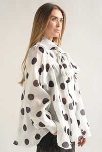 Fashion Styled Blusa lazo satín polka dots Blanco