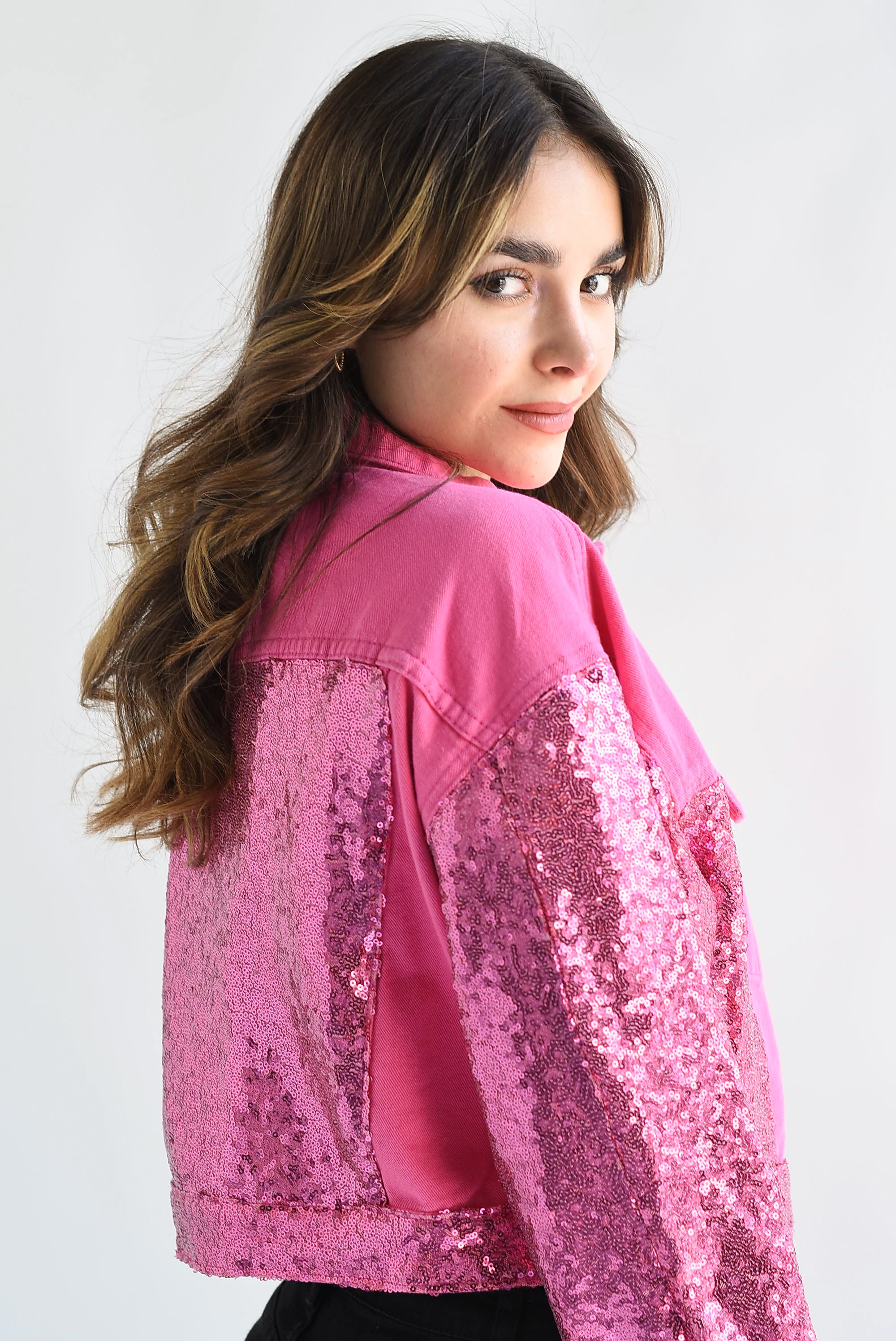 Chamarra Denim lentejuelas Rosa