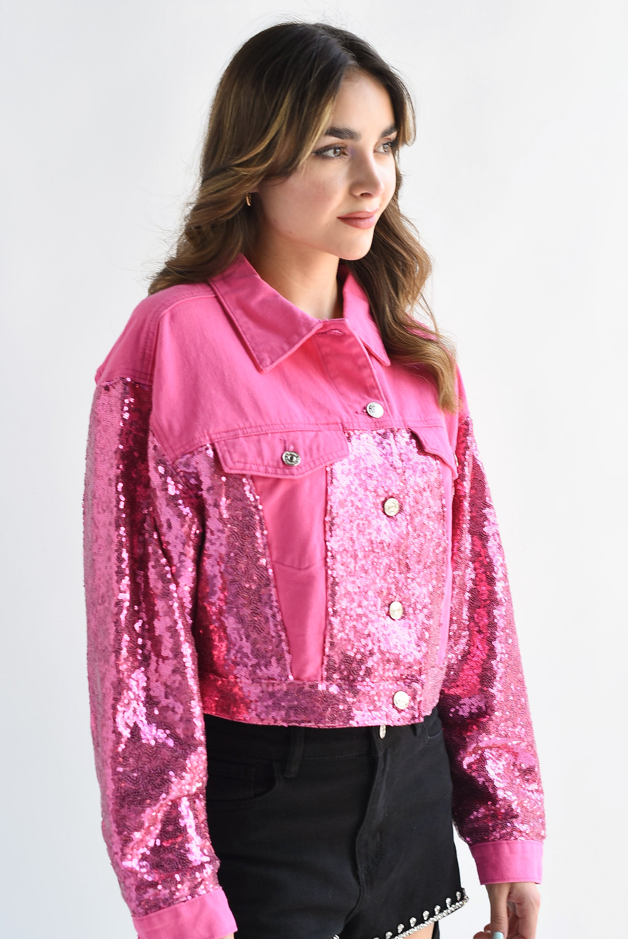 Chamarra Denim lentejuelas Rosa
