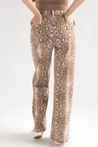 Fashion Styled Jeans wide Snake print Café