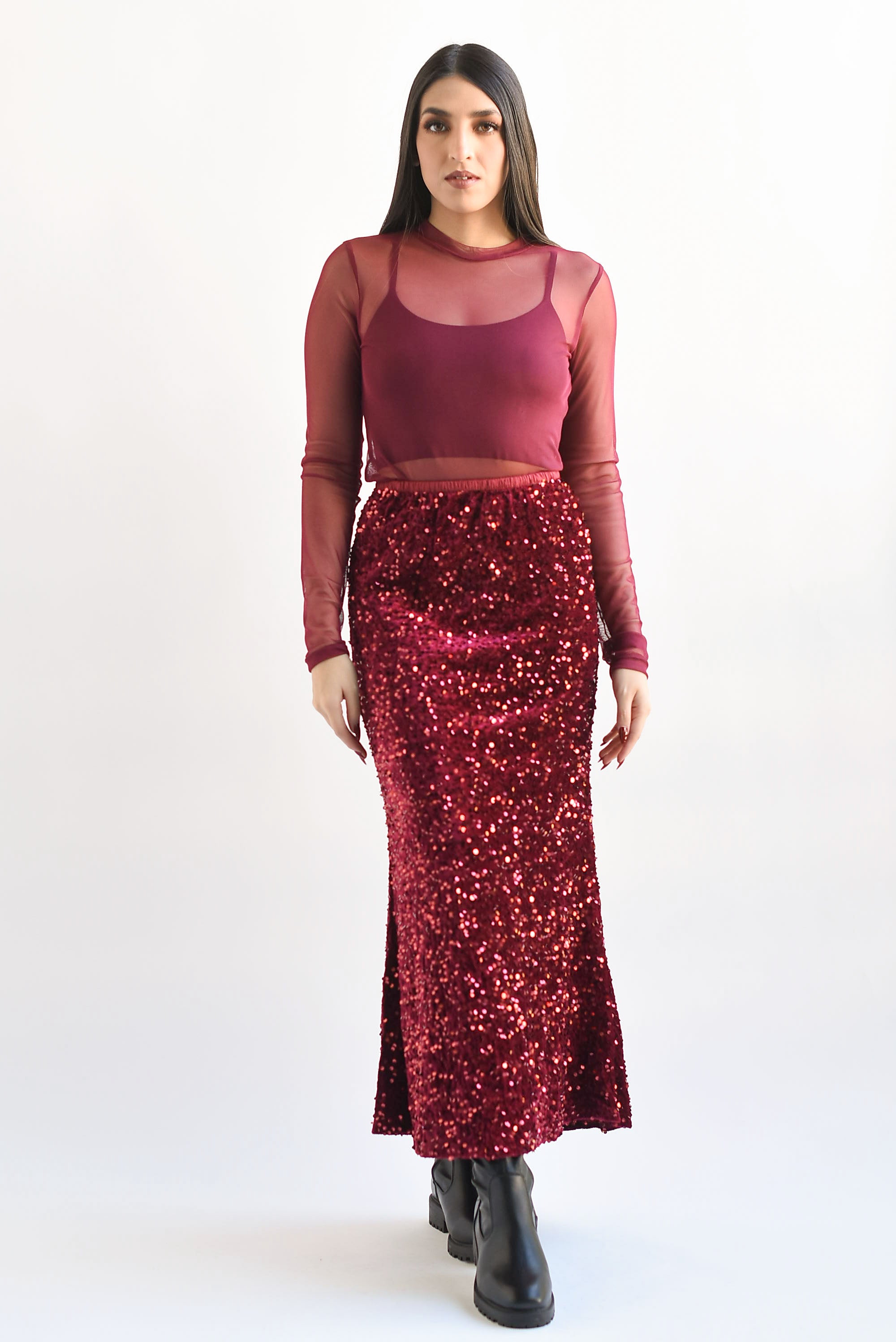 Falda midi terciopelo lentejuela Vino