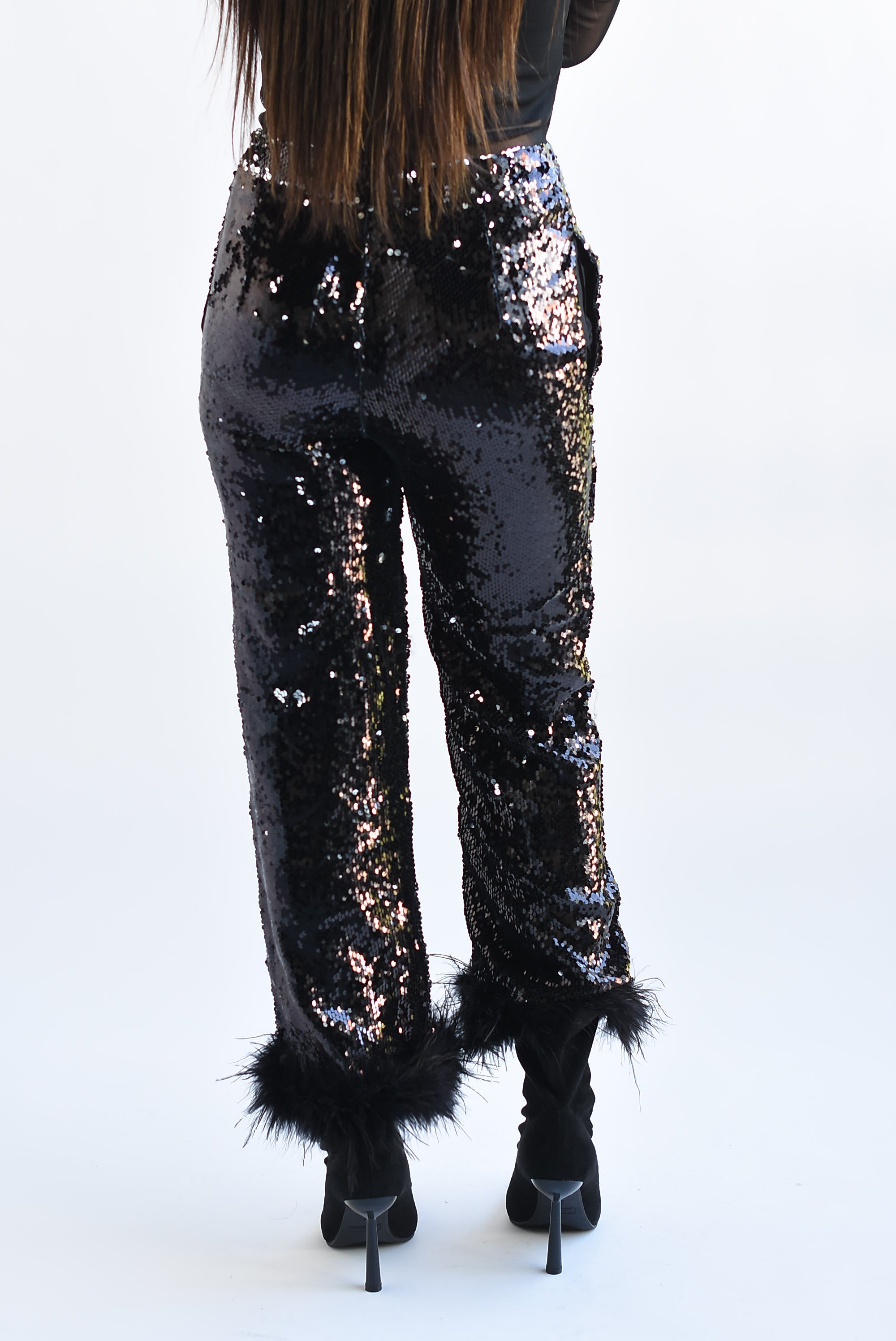 Pantalón lentejuela plumas Negro