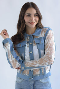 Fashion Styled Chamarra encaje con denim azul Blanco