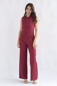Fashion Styled Set Pantalón y Blusa corrugado brillos Rojo