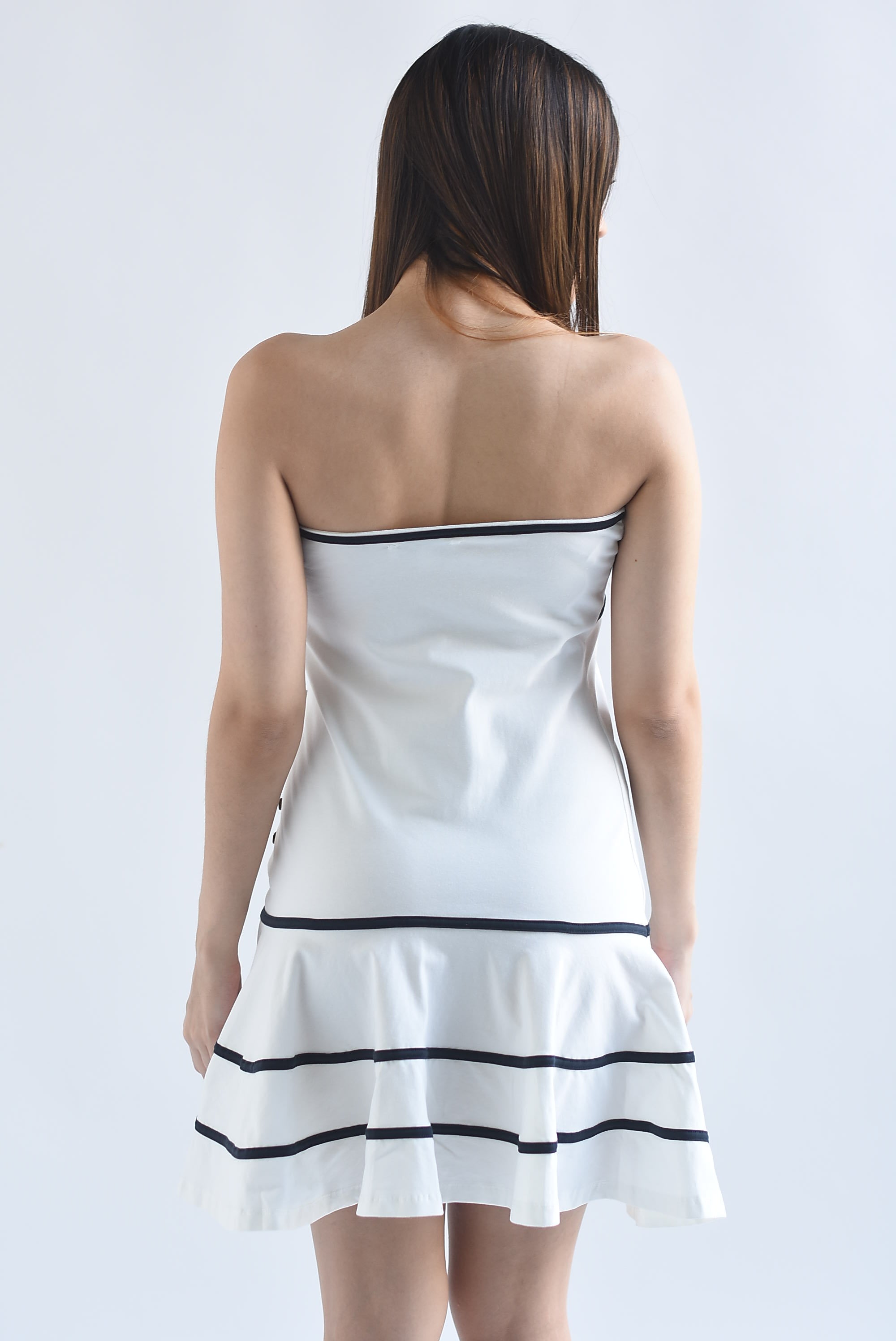Vestido strapless rayas lateral botones