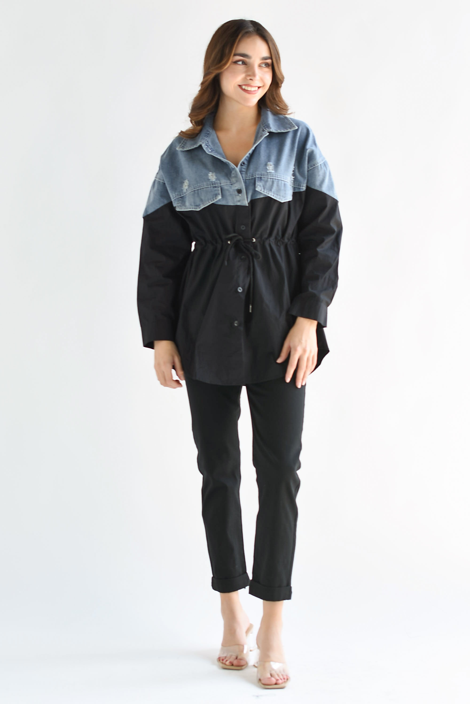 Shacket larga bitono Denim con Negro