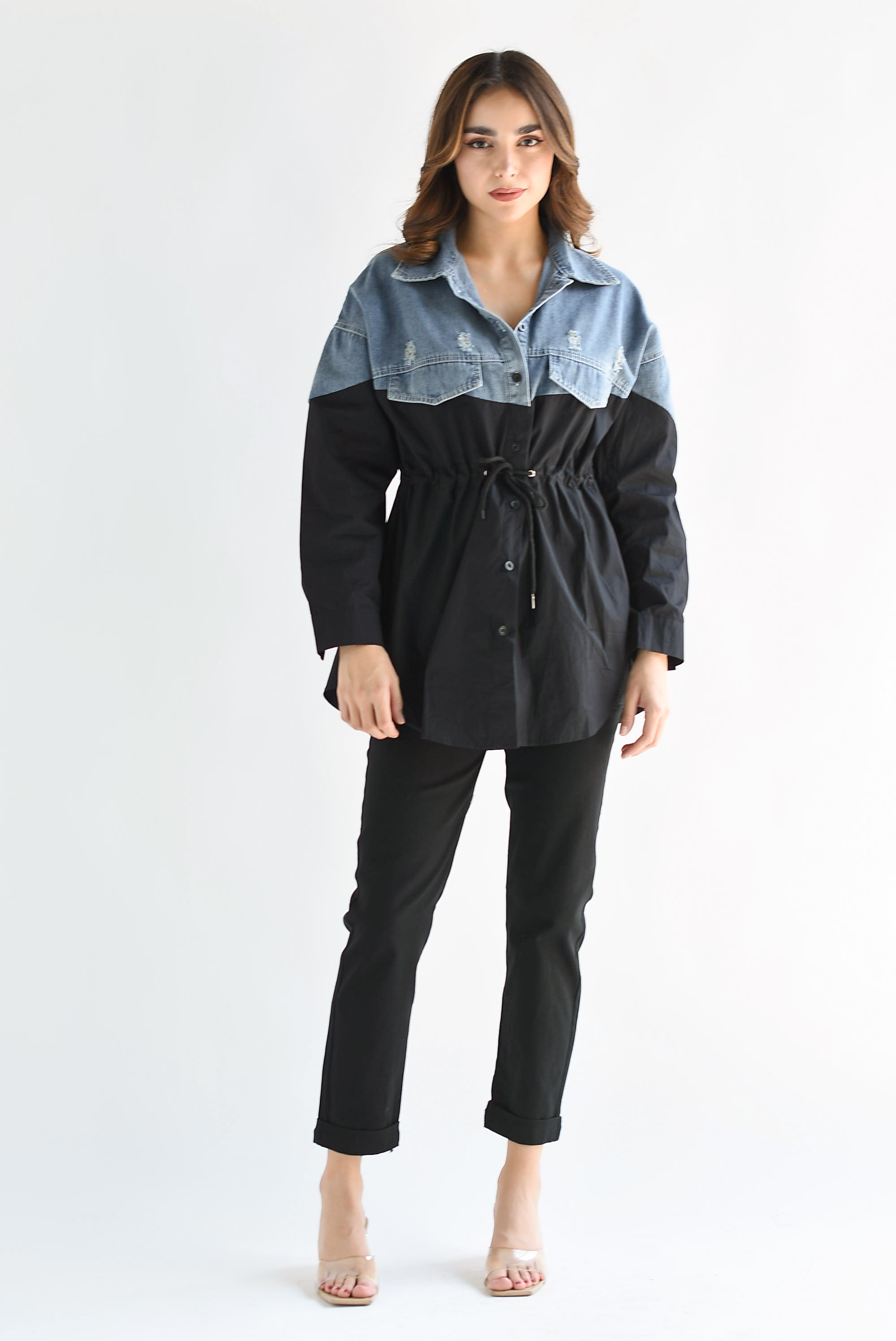 Shacket larga bitono Denim con Negro