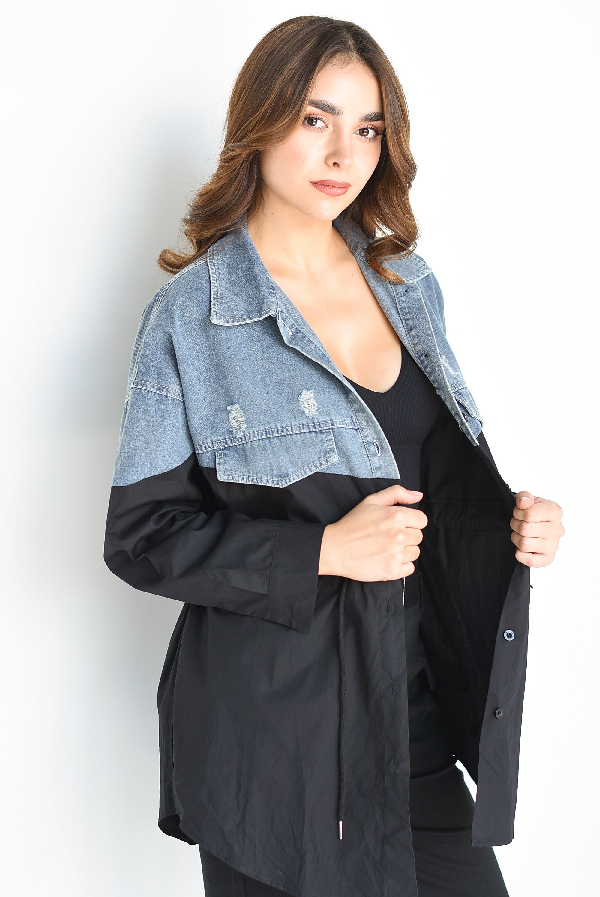 Shacket larga bitono Denim con Negro