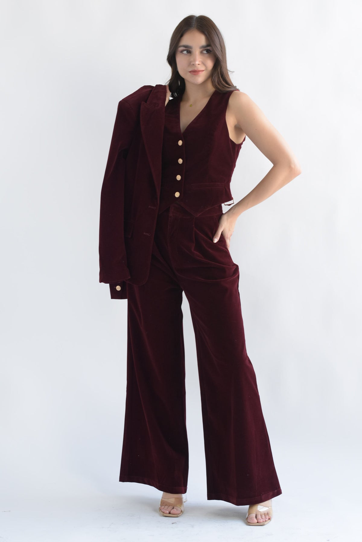 Set Pantalón y Blazer terciopelo Vino
