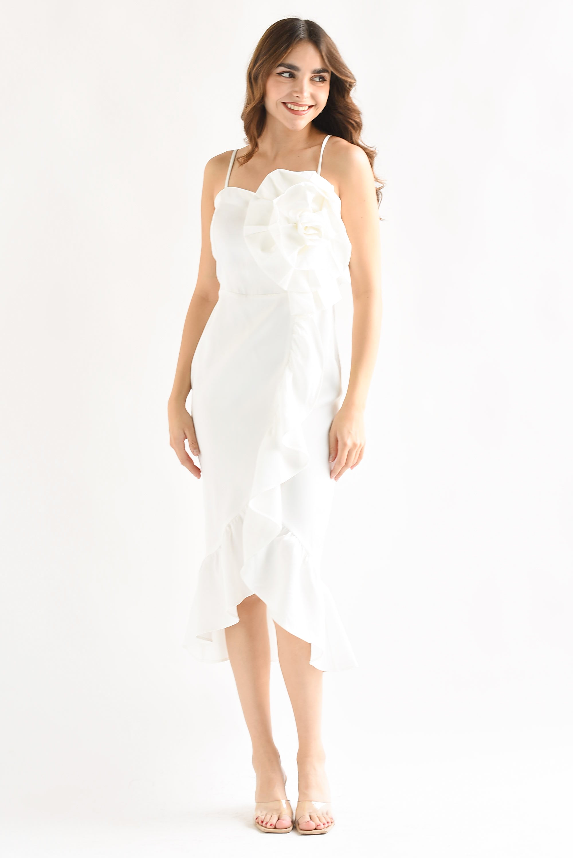 Vestido flor 3D y olanes Blanco