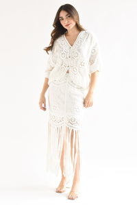 Fashion Styled Set Falda flecos y Blusa crochet Blanco