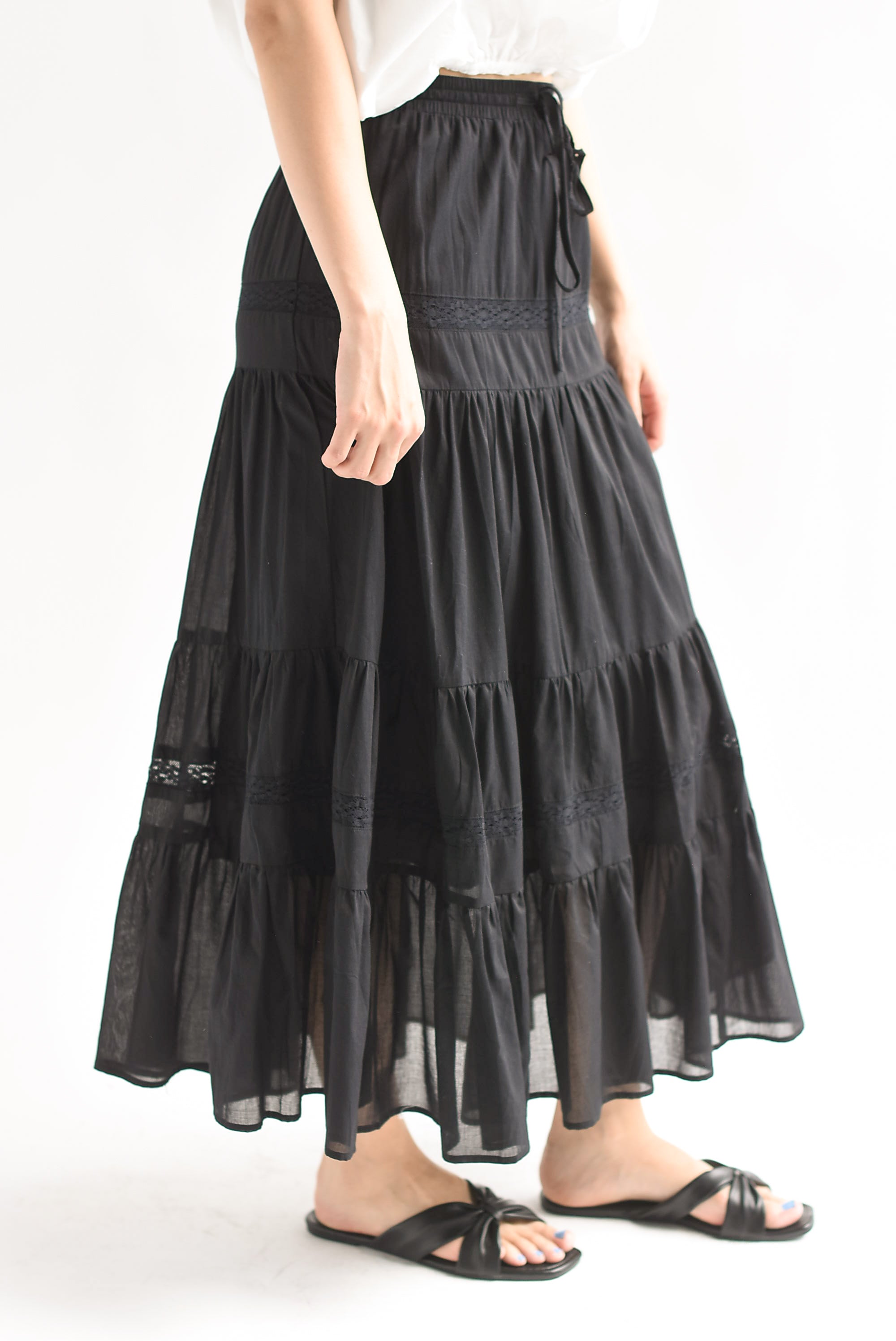 Falda larga boho tira encaje olanes Negro