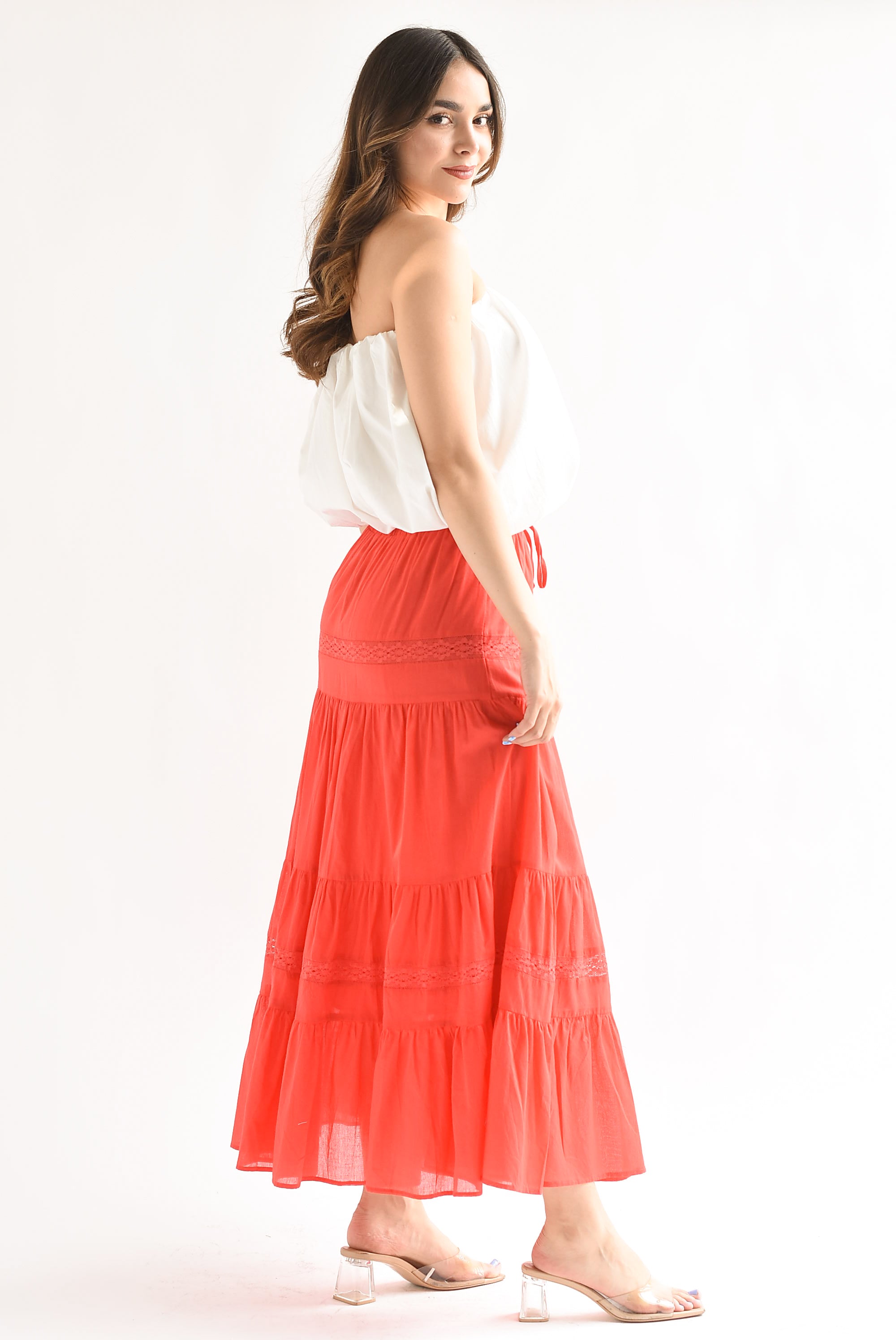 Falda larga boho tira encaje olanes Rojo Tomate