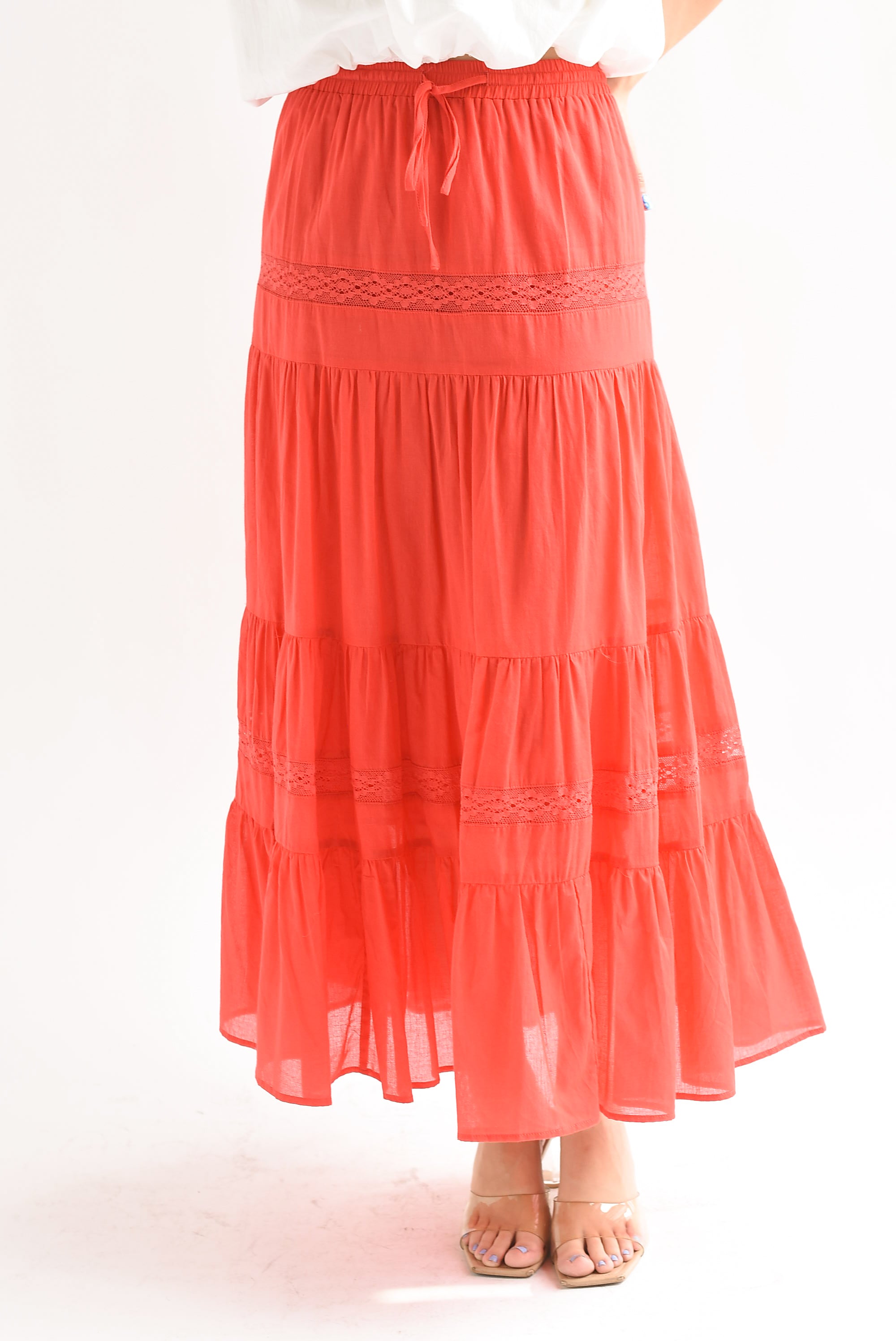 Falda larga boho tira encaje olanes Rojo Tomate