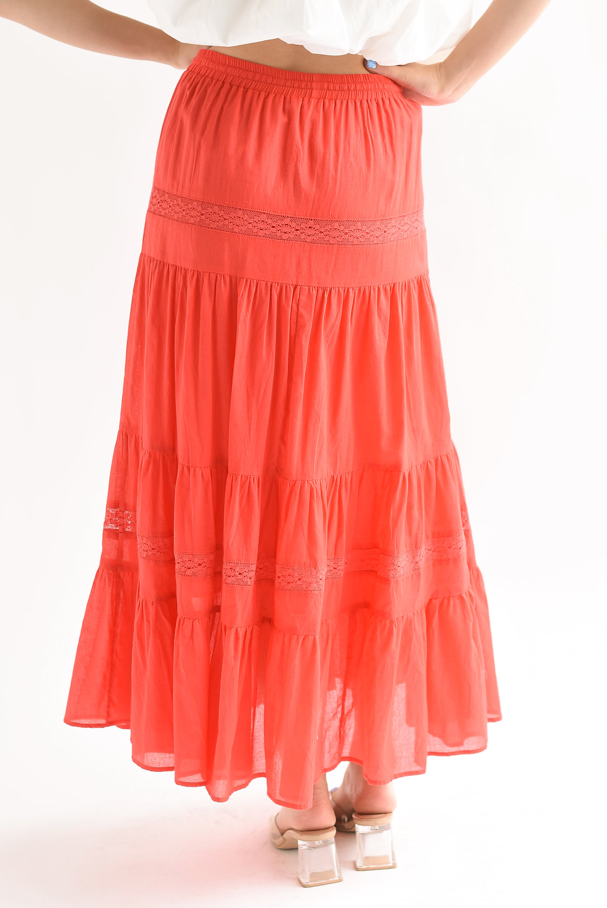 Falda larga boho tira encaje olanes Rojo Tomate