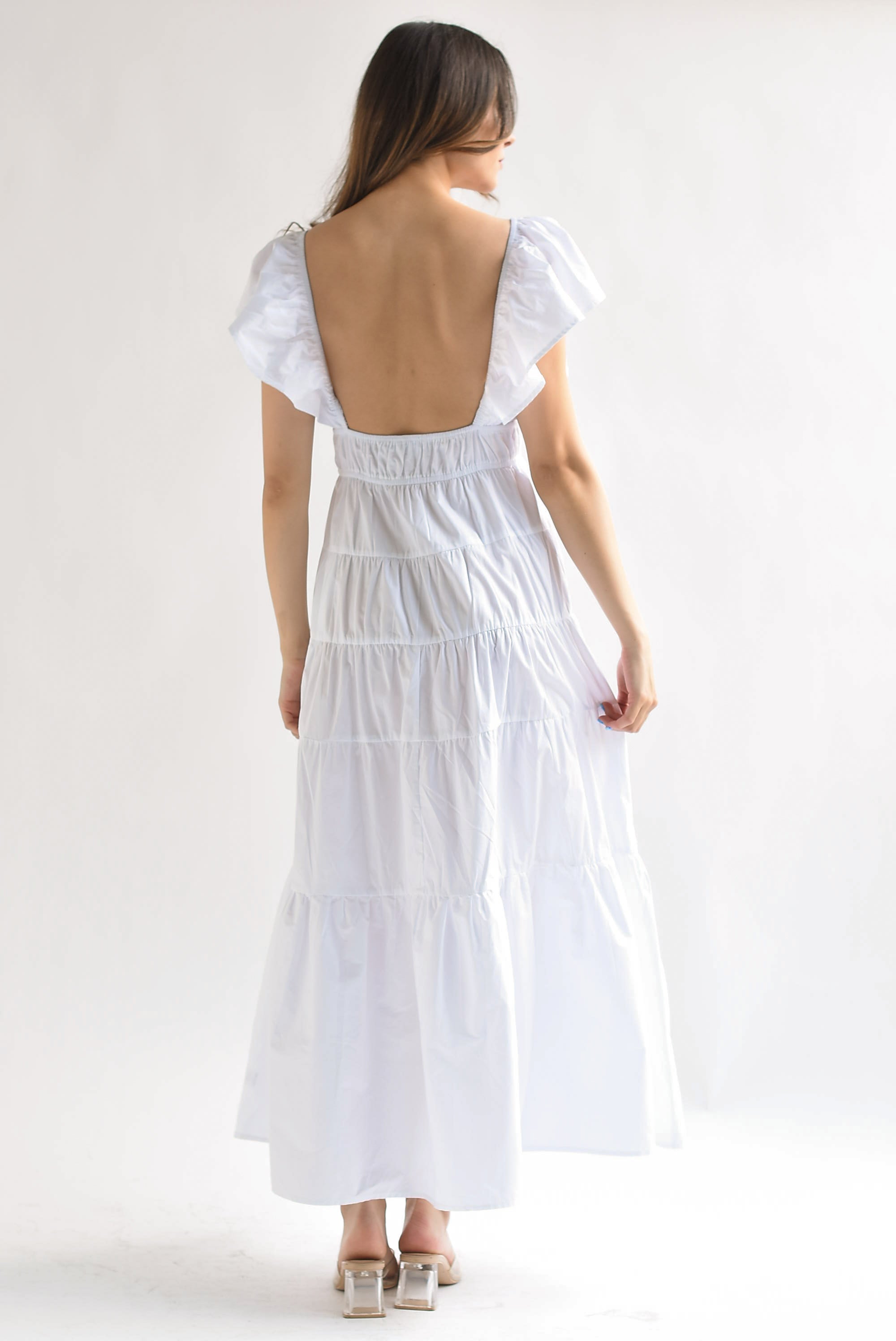 Vestido largo olanes y lazos Blanco