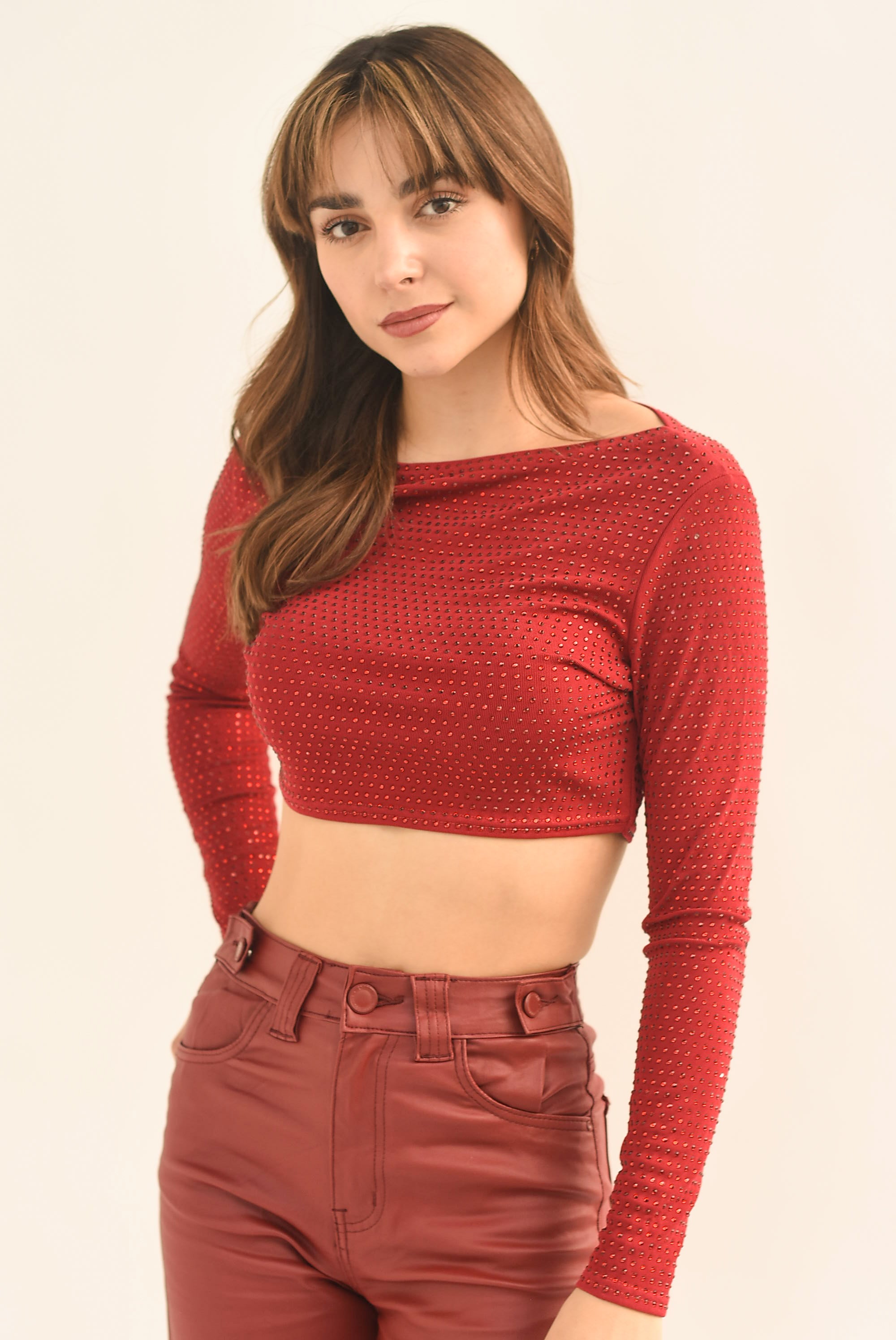 Blusa crop manga larga brillos Vino
