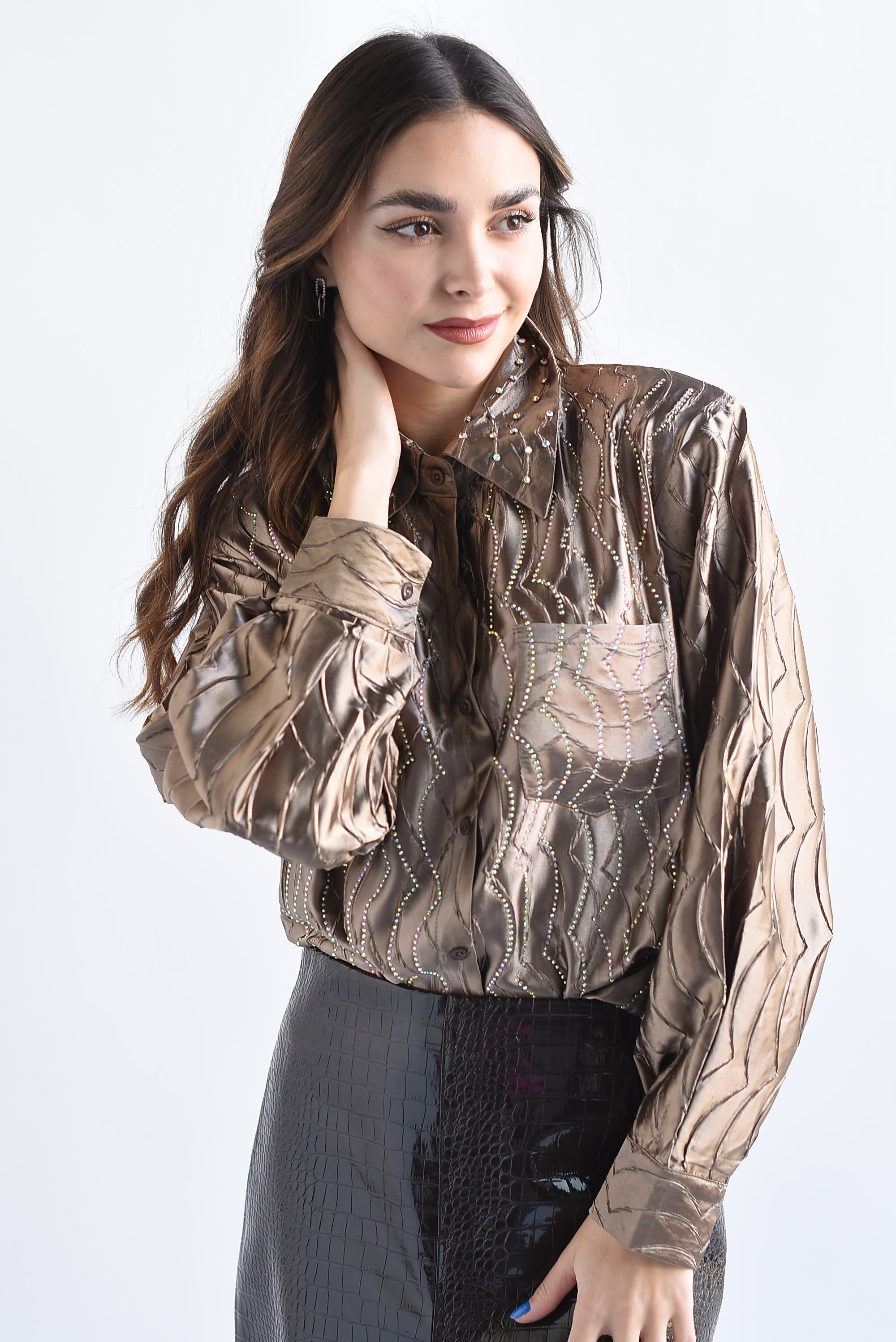 Blusa satín ondas brillos Champagne