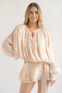 Fashion Styled Vestido drapeado maga larga cauda Blush