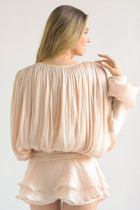 Fashion Styled Vestido drapeado maga larga cauda Blush