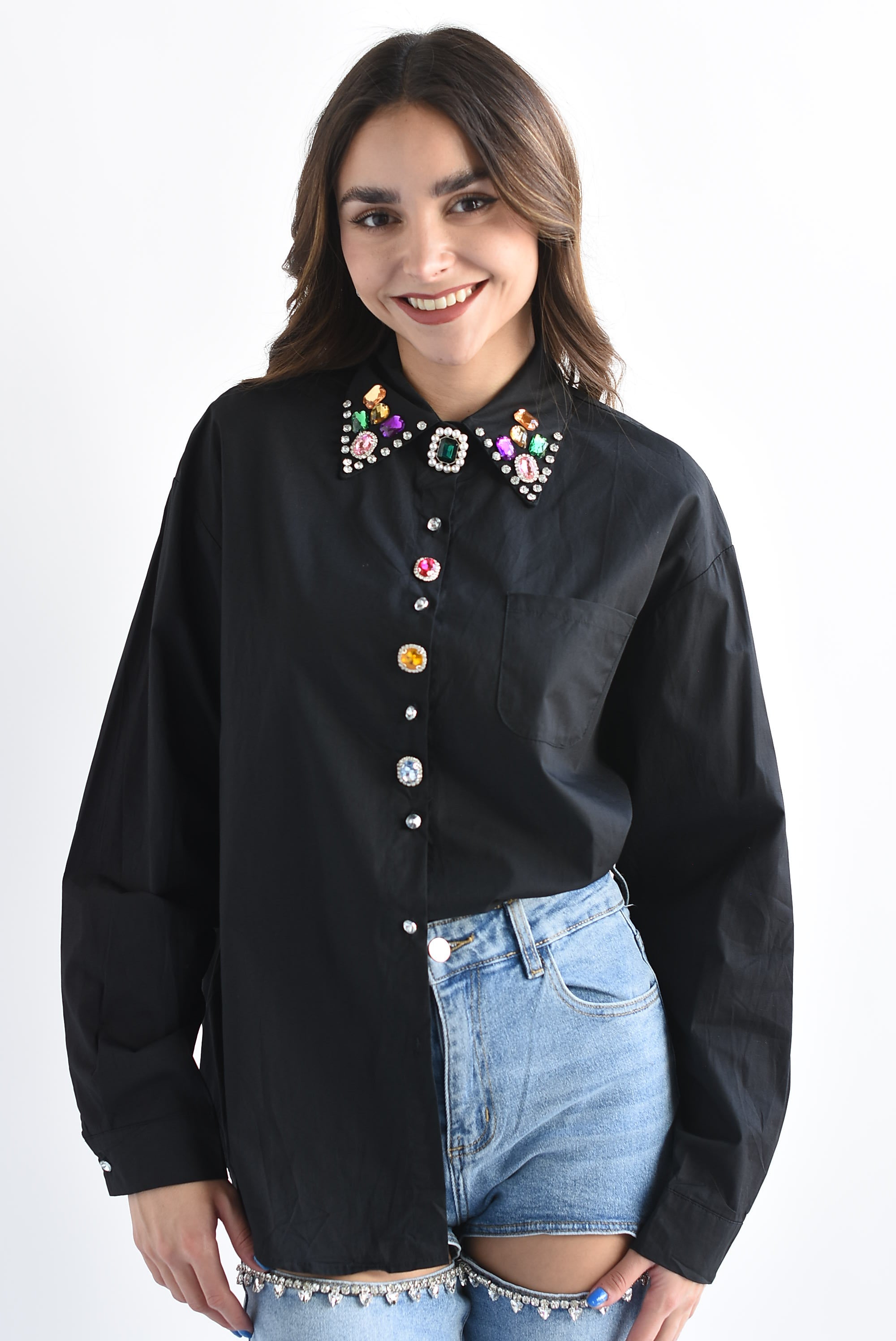 Camisa cuello joyas multi Negro