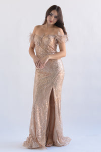 Fashion Styled Vestido largo lentejuelas y plumas Rose Gold