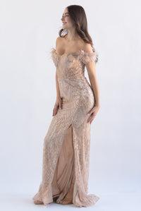 Fashion Styled Vestido largo lentejuelas y plumas Rose Gold