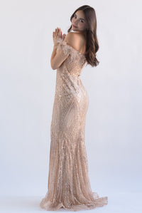 Fashion Styled Vestido largo lentejuelas y plumas Rose Gold