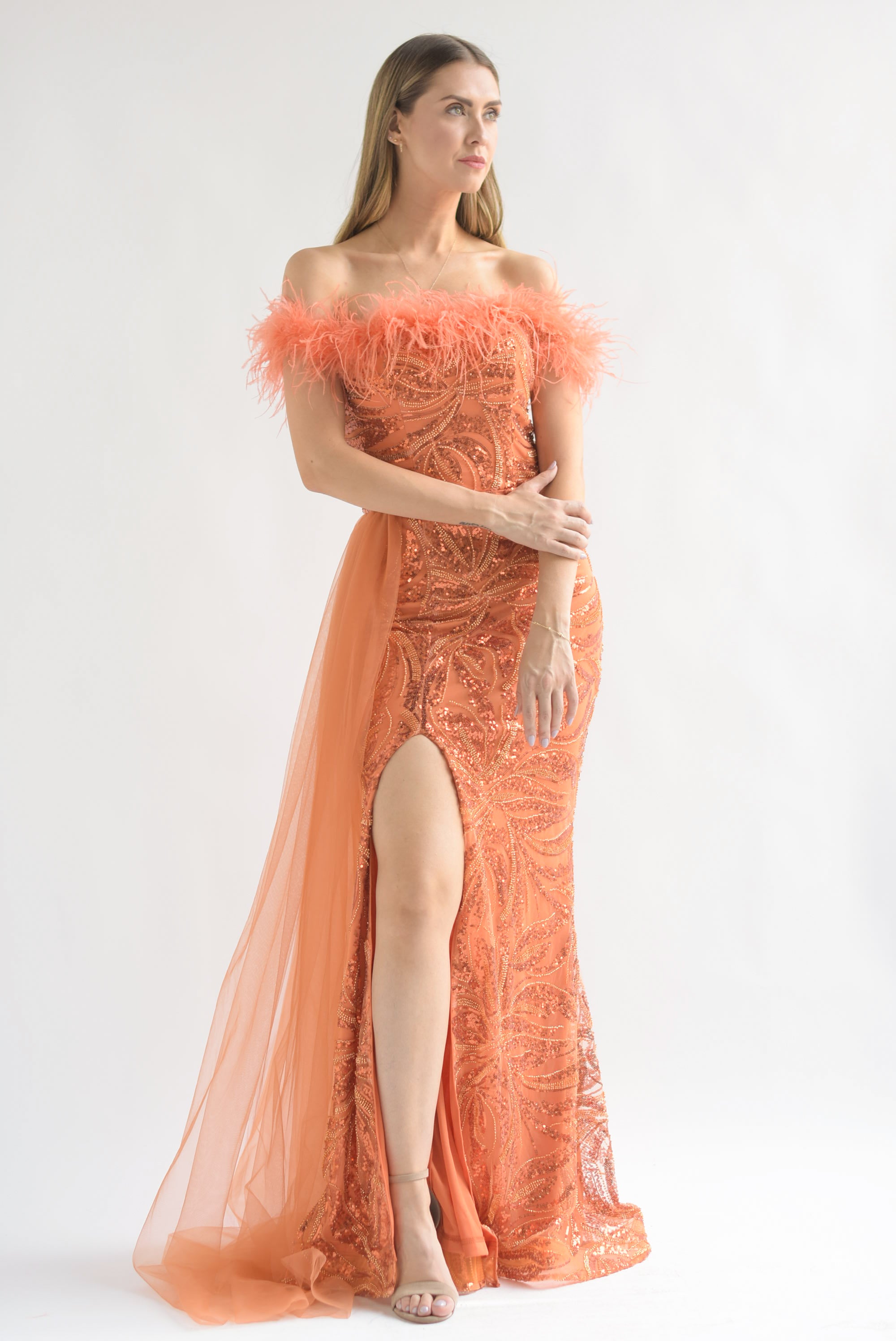 Vestido largo lentejuelas, plumas y tulle Naranja