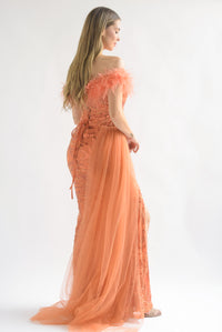 Fashion Styled Vestido largo lentejuelas, plumas y tulle Naranja