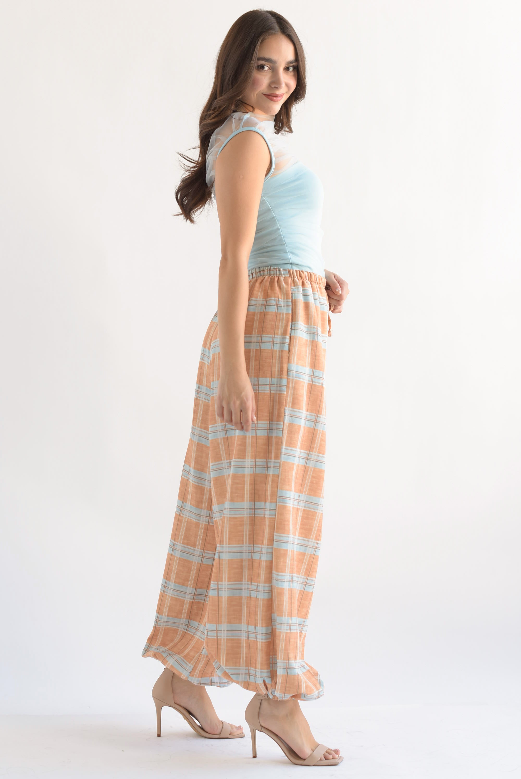 Pantalón globo cuadros Naranja & Azul
