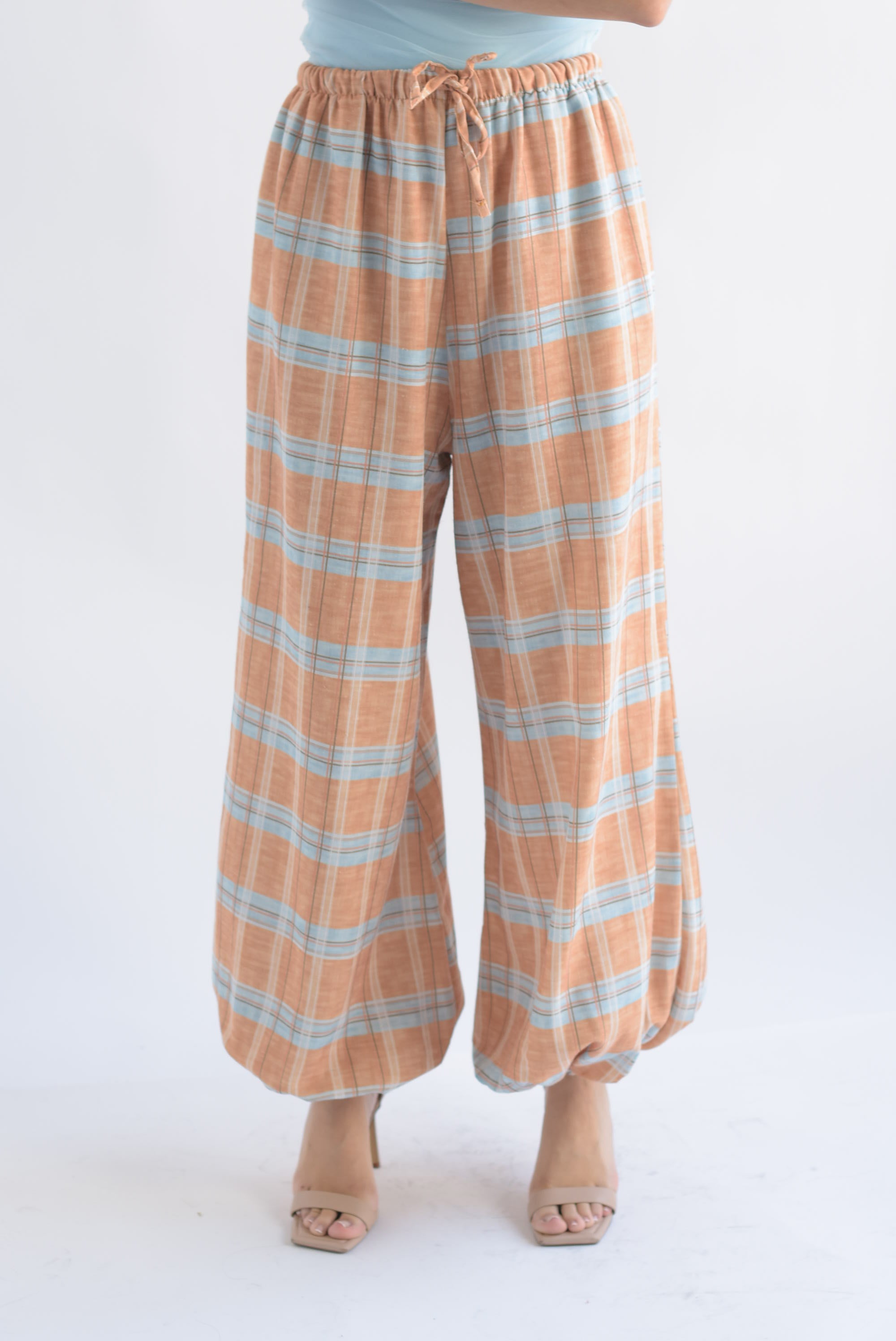 Pantalón globo cuadros Naranja & Azul