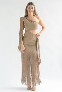 Fashion Styled Vestido asimétrico flecos glitter Dorado